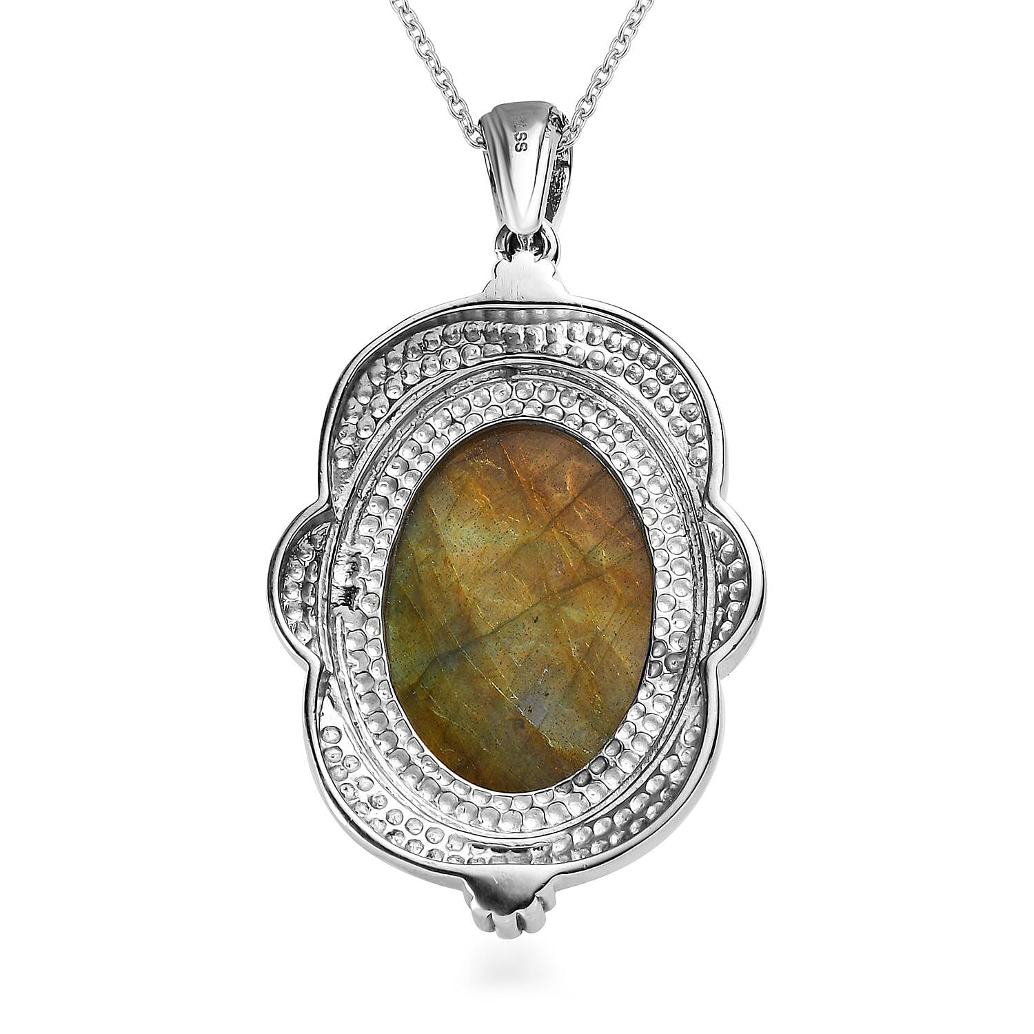 Madagascar Fire Labradorite 28.75 ctw Feather Pendant Necklace in Stainless Steel 20 Inches