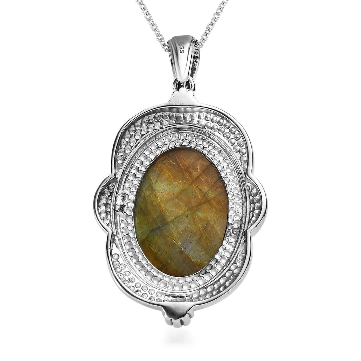 Madagascar Fire Labradorite 28.75 ctw Feather Pendant Necklace in Stainless Steel 20 Inches image number 4