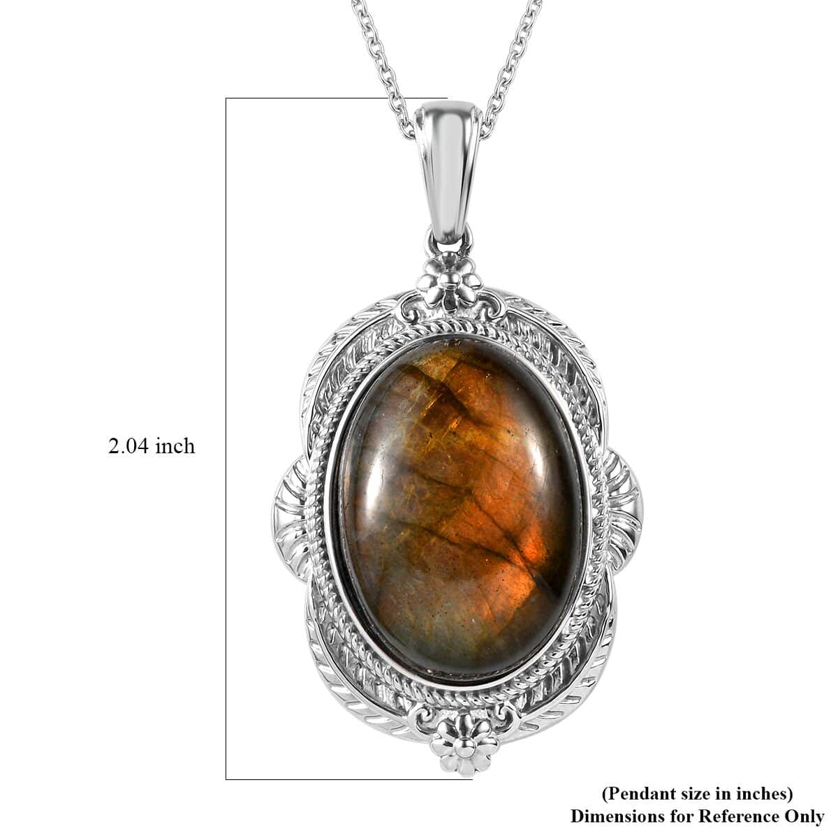 Madagascar Fire Labradorite 28.75 ctw Feather Pendant Necklace in Stainless Steel 20 Inches image number 5