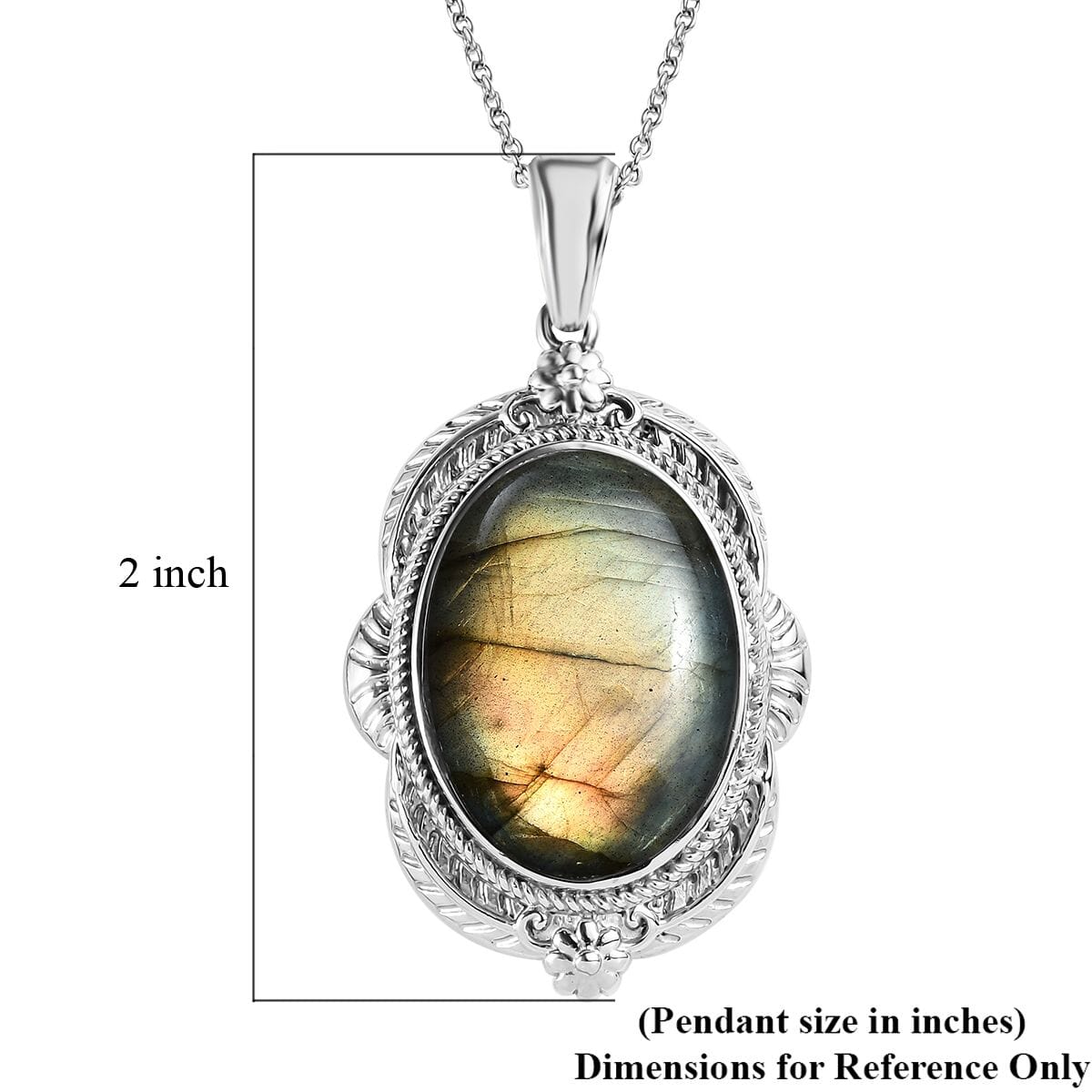 Madagascar Fire Labradorite 28.75 ctw Feather Pendant Necklace in Stainless Steel 20 Inches image number 6