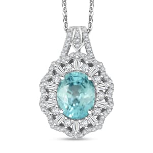 Cambodian Blue Zircon and Moissanite 4.90 ctw Ethereal Majesty Pendant Necklace in Rhodium Over Sterling Silver 20 Inches