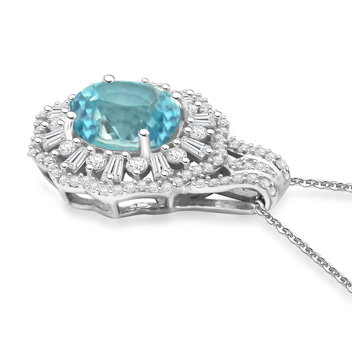 Cambodian Blue Zircon and Moissanite 4.90 ctw Ethereal Majesty Pendant Necklace in Rhodium Over Sterling Silver 20 Inches image number 3