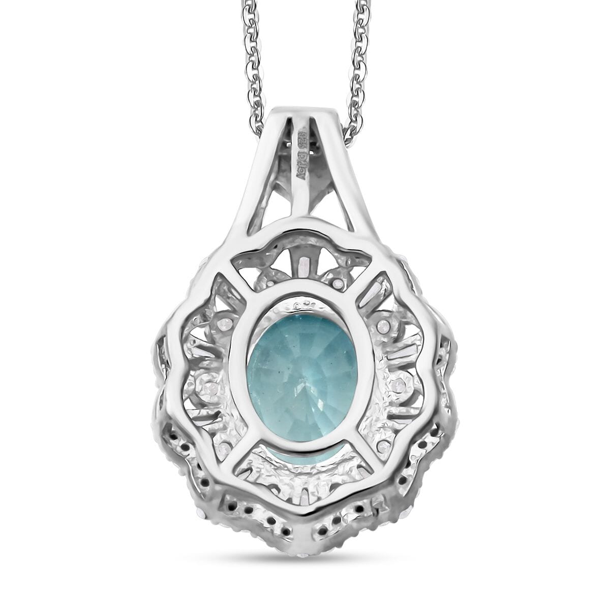 Cambodian Blue Zircon and Moissanite 4.90 ctw Ethereal Majesty Pendant Necklace in Rhodium Over Sterling Silver 20 Inches image number 4