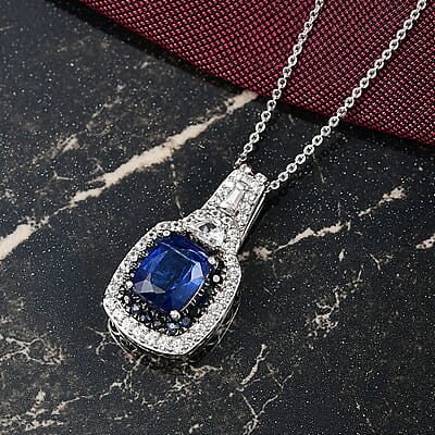 D'Joy Kashmir Kyanite and Multi Sapphire 4.15 ctw Halo Harmony Pendant Necklace in Rhodium Over Sterling Silver 20 Inches
