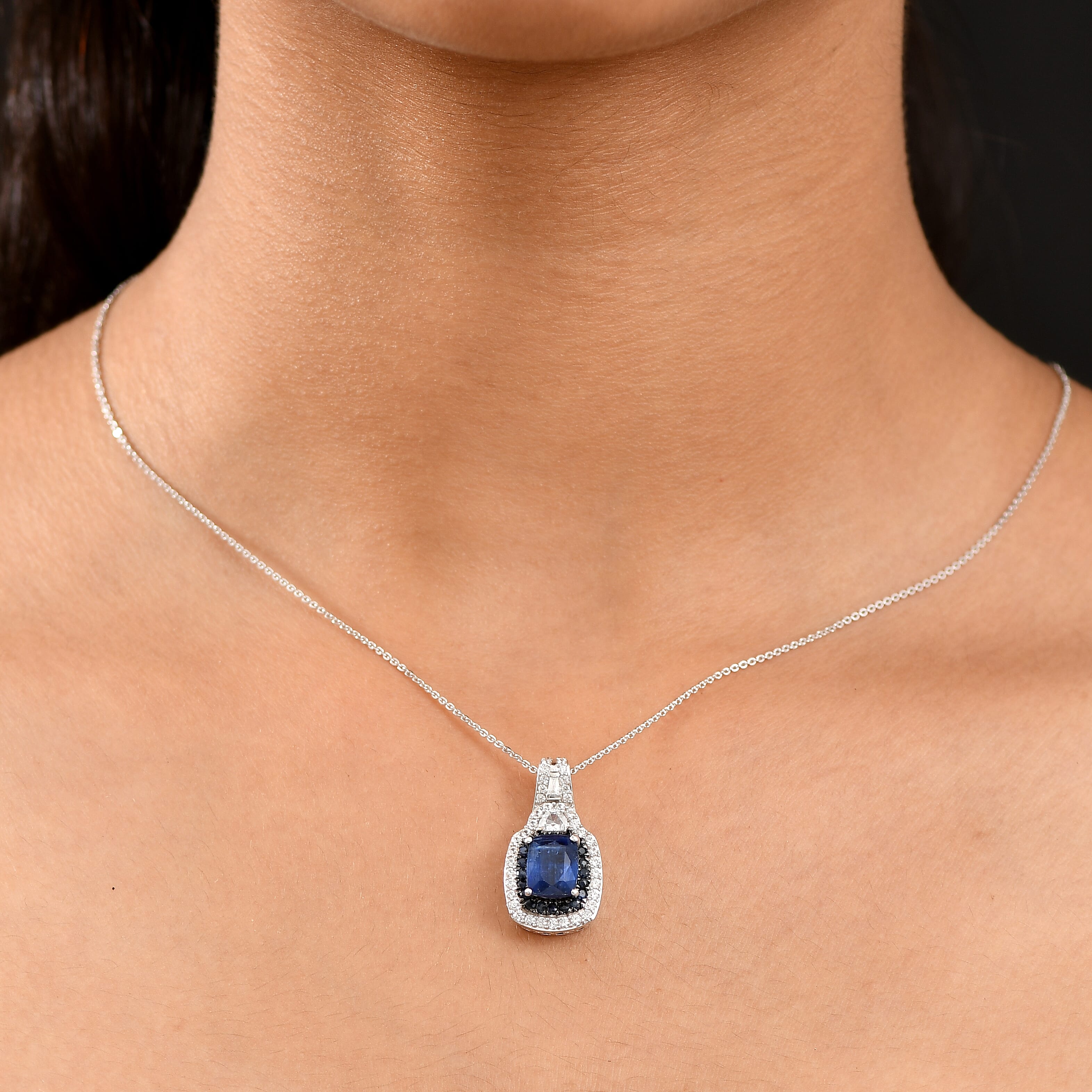 D'Joy Kashmir Kyanite and Multi Sapphire 4.15 ctw Halo Harmony Pendant Necklace in Rhodium Over Sterling Silver 20 Inches