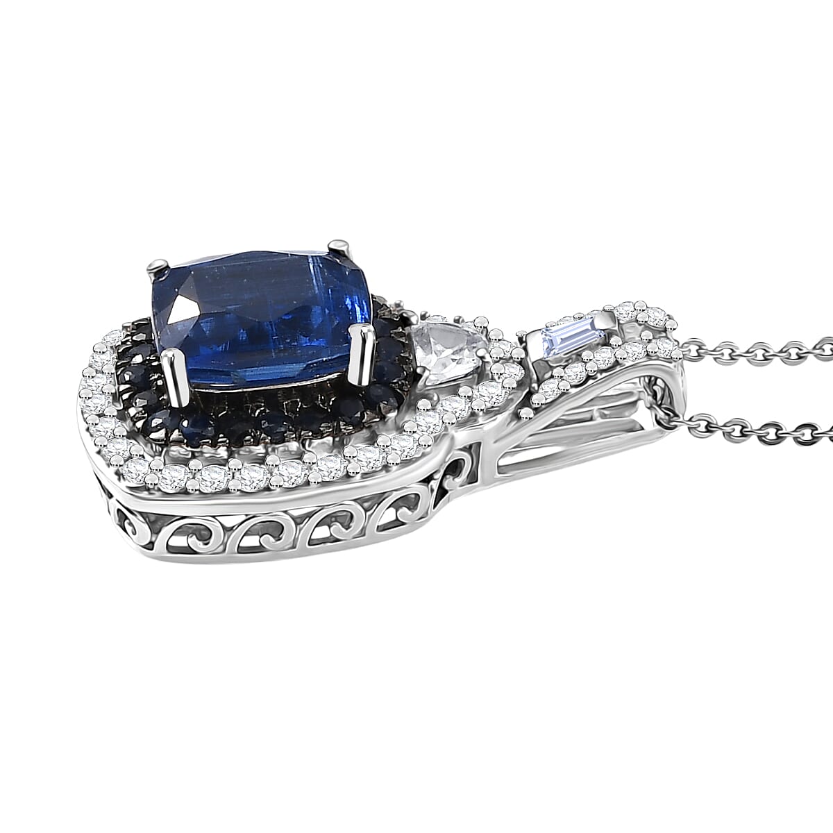 D'Joy Kashmir Kyanite and Multi Sapphire 4.15 ctw Halo Harmony Pendant Necklace in Rhodium Over Sterling Silver 20 Inches image number 3