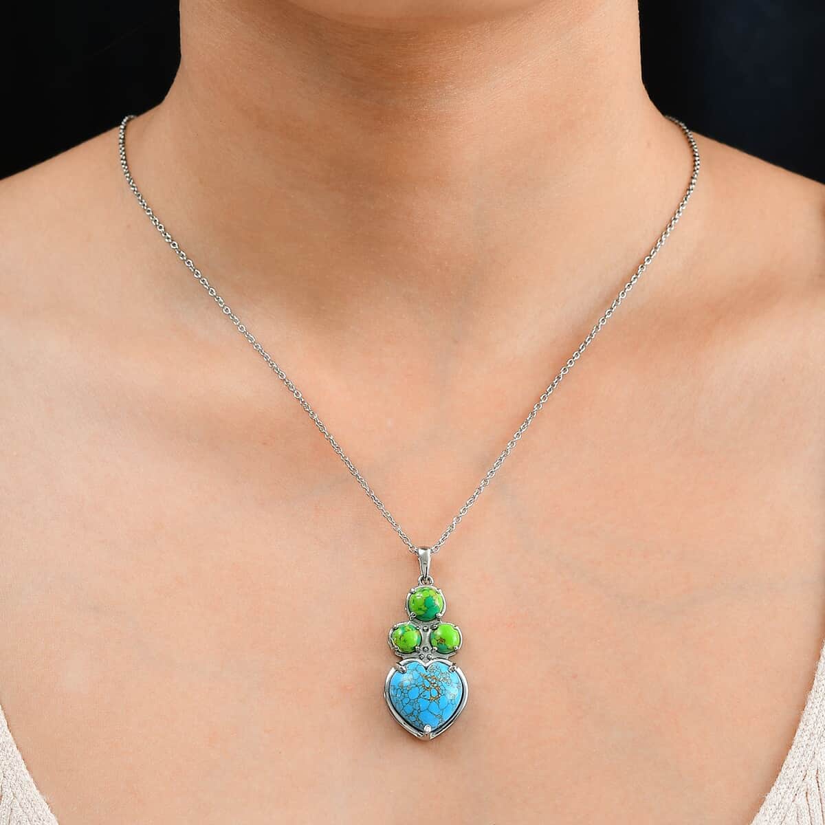 Mojave Blue and Green Turquoise 12.00 ctw Pendant Necklace 20 Inches in Stainless Steel  image number 2