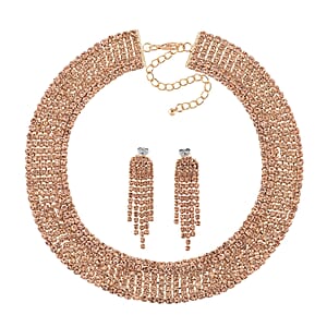 Champagne Austrian Crystal Necklace 16-20 Inches and Earrings in Rosetone
