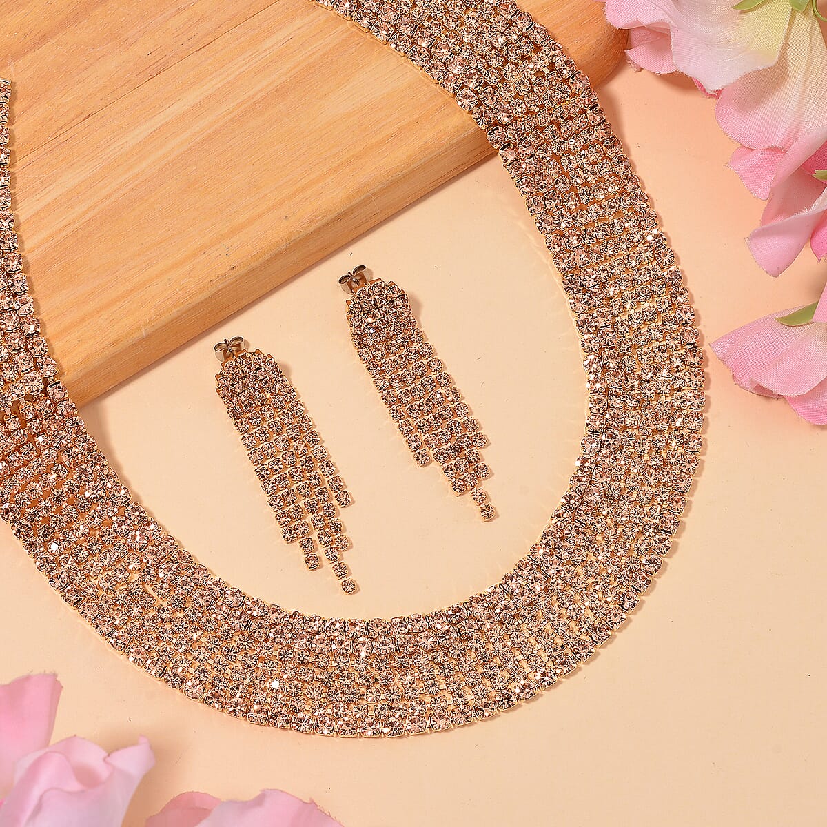 Champagne Austrian Crystal Necklace 16-20 Inches and Earrings in Rosetone image number 1