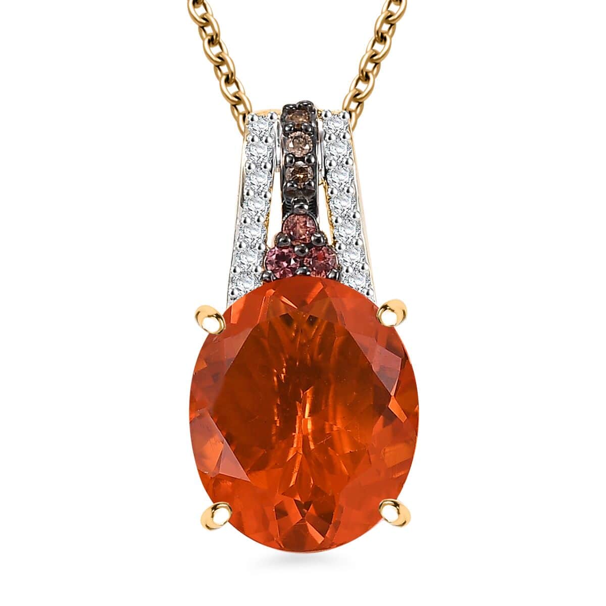 Luxoro 10K Yellow Gold Mexican Cherry Fire Opal, Padparadscha Sapphire (BT), Natural Champagne and White Diamond 3.35 ctw Pendant Necklace 20 Inches image number 0