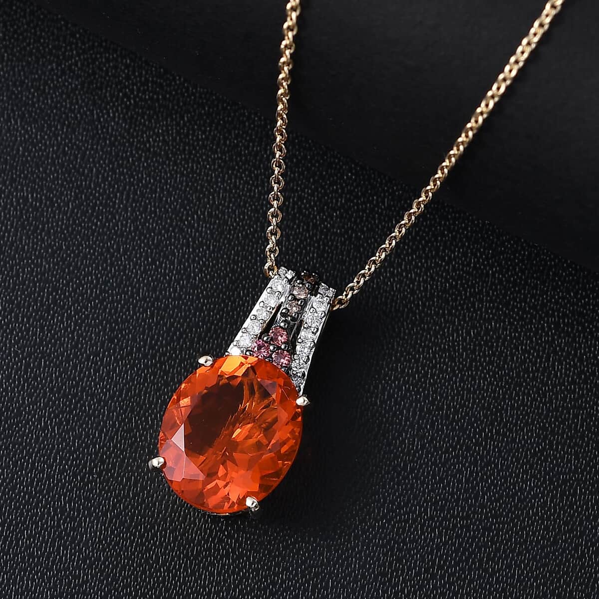 Luxoro 10K Yellow Gold Mexican Cherry Fire Opal, Padparadscha Sapphire (BT), Natural Champagne and White Diamond 3.35 ctw Pendant Necklace 20 Inches image number 1