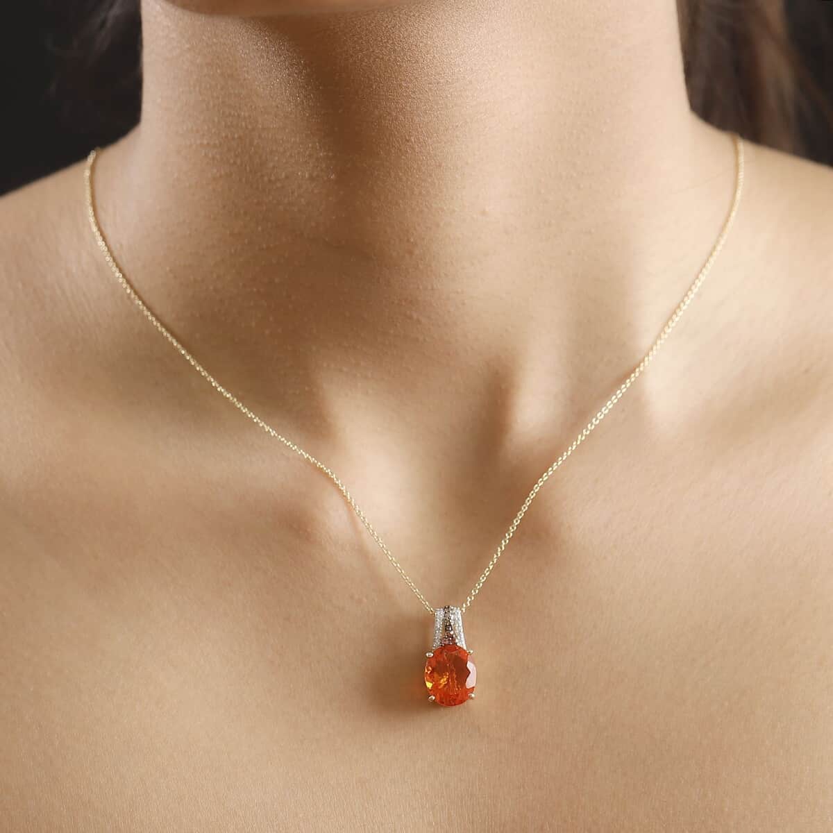 Luxoro 10K Yellow Gold Mexican Cherry Fire Opal, Padparadscha Sapphire (BT), Natural Champagne and White Diamond 3.35 ctw Pendant Necklace 20 Inches image number 2