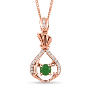 Green Jade (D) and White Zircon 0.75 ctw Pendant Necklace in 14K Rose Gold Over Sterling Silver 18 Inches