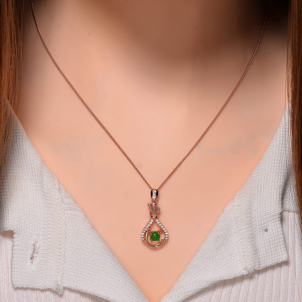 Green Jade (D) and White Zircon 0.75 ctw Pendant Necklace in 14K Rose Gold Over Sterling Silver 18 Inches image number 1