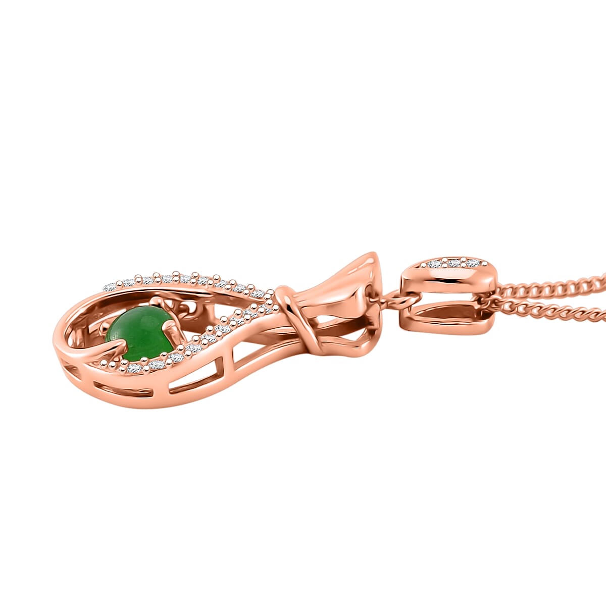 Green Jade (D) and White Zircon 0.75 ctw Pendant Necklace in 14K Rose Gold Over Sterling Silver 18 Inches image number 2