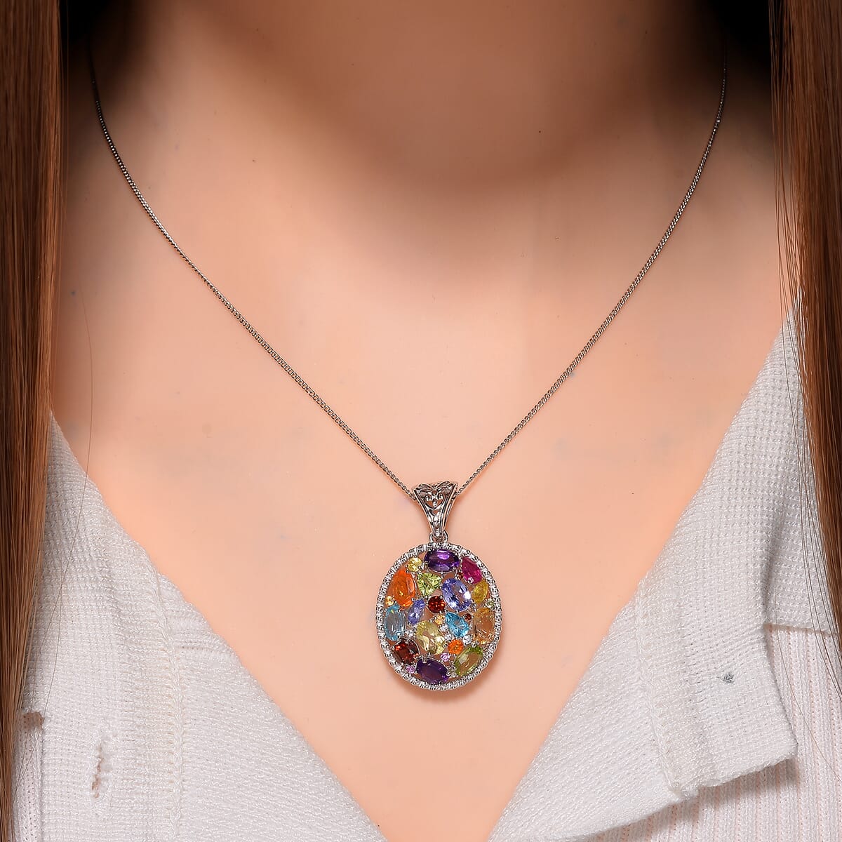 Multi Gemstone 6.15 ctw Prism Bloom Pendant Necklace in Rhodium Over Sterling Silver 20 Inches image number 1