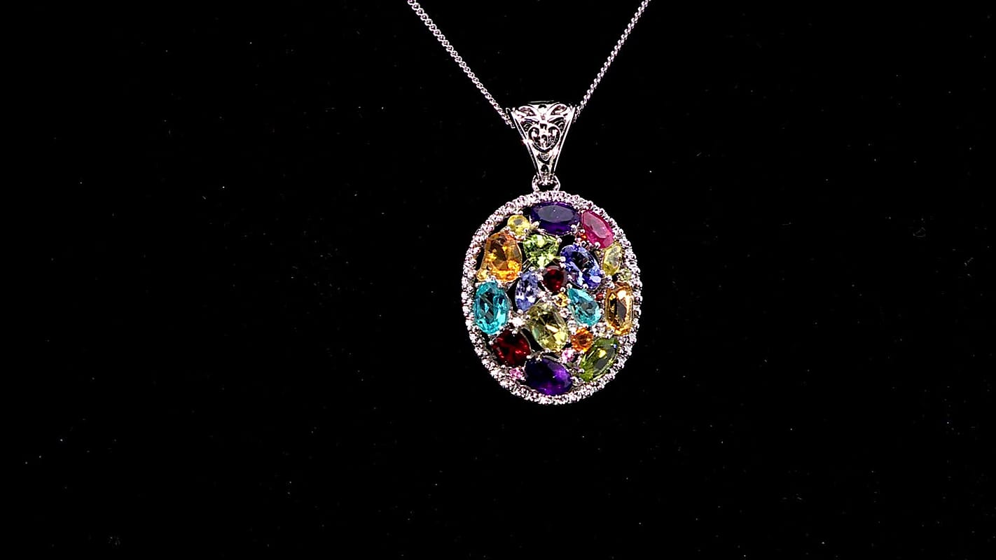 D'Joy Multi Gemstone 6.15 ctw Prism Bloom Pendant Necklace in Rhodium Over Sterling Silver 20 Inches