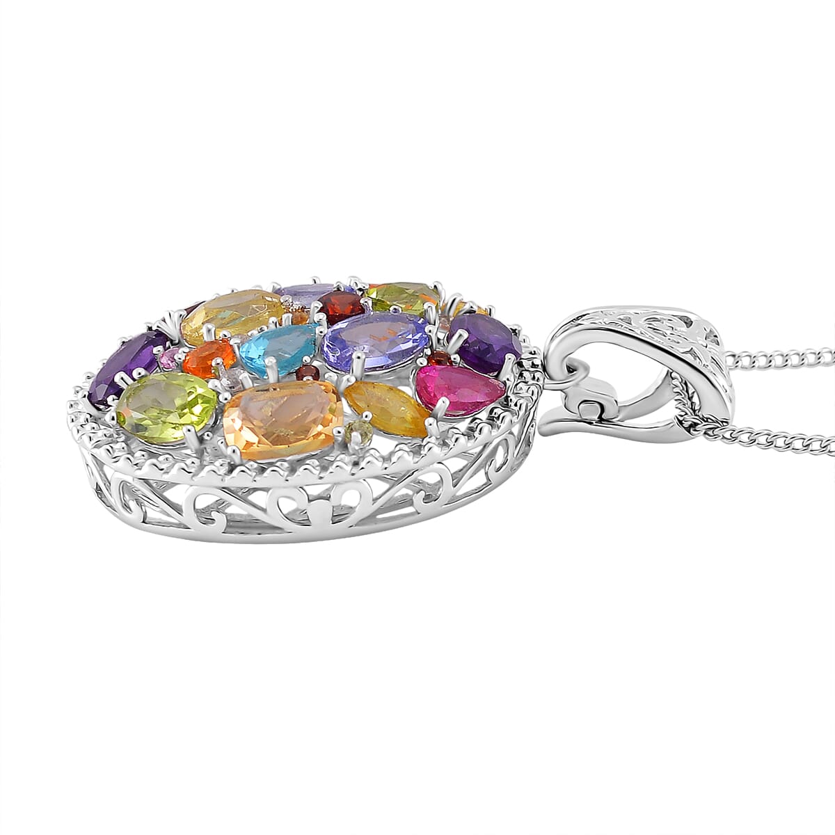 Multi Gemstone 6.15 ctw Prism Bloom Pendant Necklace in Rhodium Over Sterling Silver 20 Inches image number 2