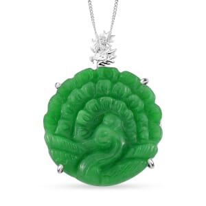 Green Jade (D) 53.50 ctw Carved Peacock Pendant Necklace in Rhodium Over Sterling Silver 18 Inches