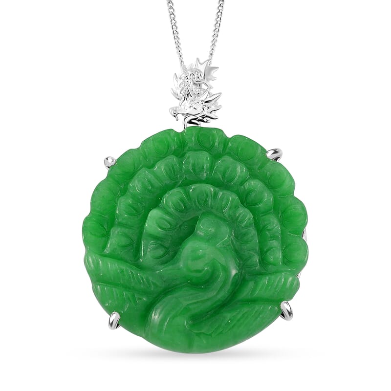 Green Jade (D) 53.50 ctw Carved Peacock Pendant Necklace in Rhodium Over Sterling Silver 18 Inches