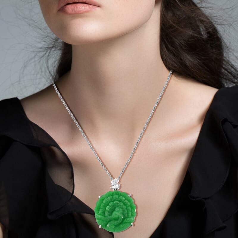 Green Jade (D) 53.50 ctw Carved Peacock Pendant Necklace in Rhodium Over Sterling Silver 18 Inches