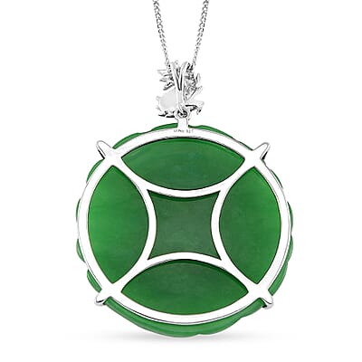 Green Jade (D) 53.50 ctw Carved Peacock Pendant Necklace in Rhodium Over Sterling Silver 18 Inches