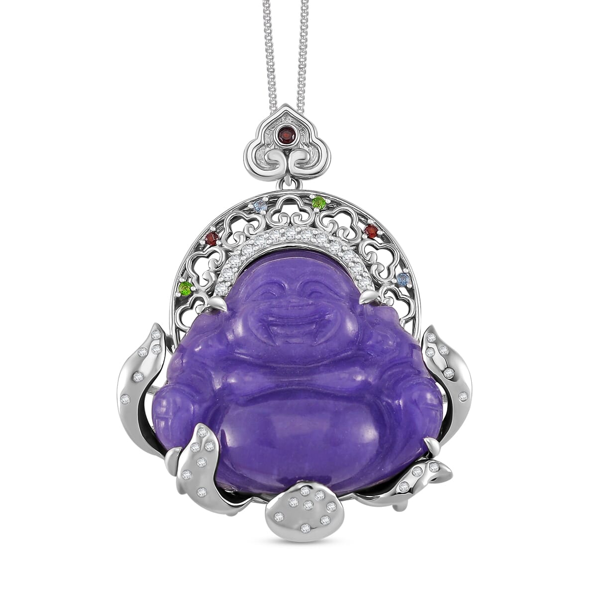 Purple Jade Carved (D) and Multi Gemstone 47.65 ctw Buddha Pendant Necklace in Rhodium Over Sterling Silver 18 Inches image number 0