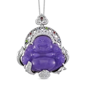 Purple Jade Carved (D) and Multi Gemstone 47.65 ctw Buddha Pendant Necklace in Rhodium Over Sterling Silver 18 Inches