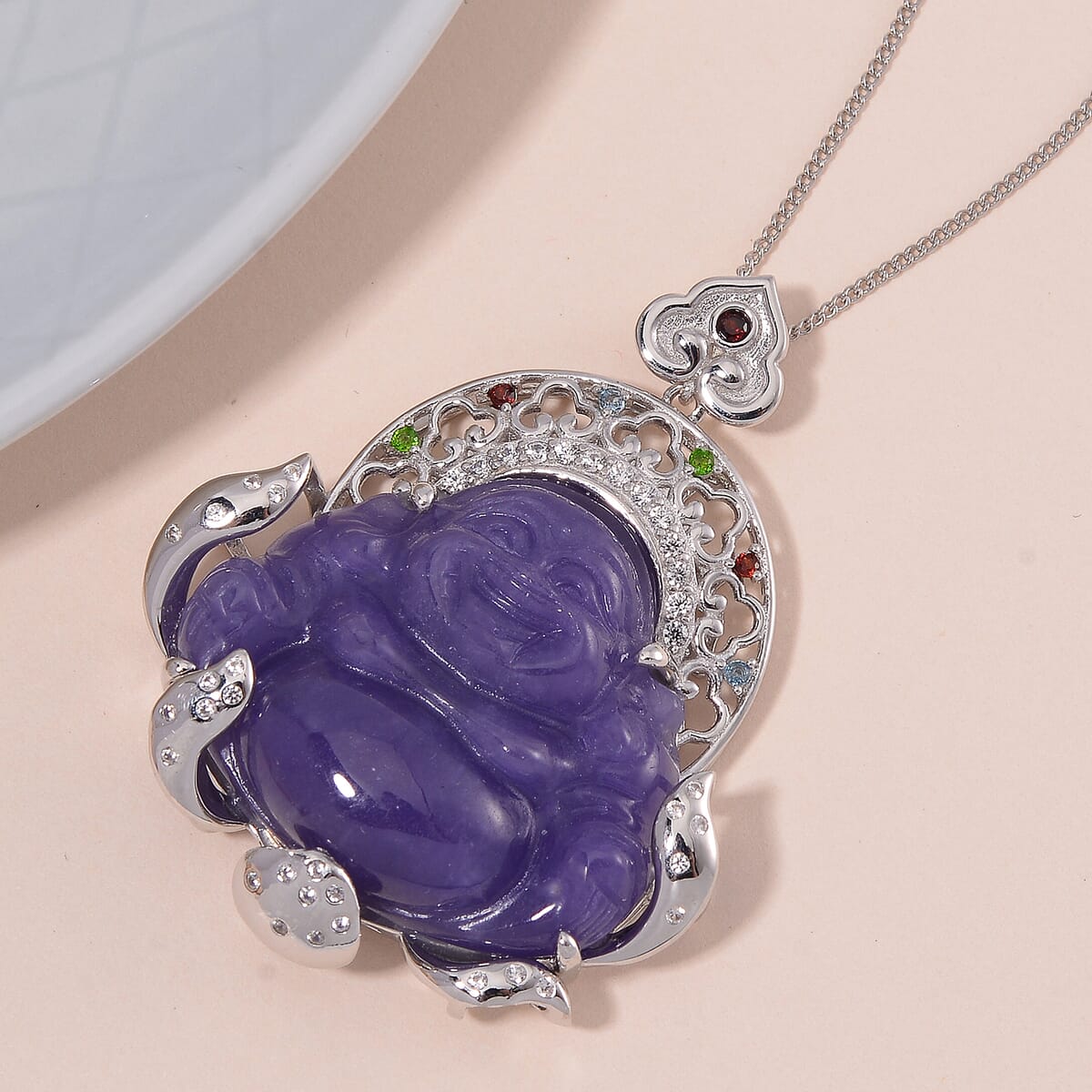 Purple Jade Carved (D) and Multi Gemstone 47.65 ctw Buddha Pendant Necklace in Rhodium Over Sterling Silver 18 Inches image number 1