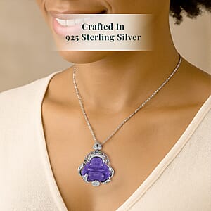 Purple Jade Carved (D) and Multi Gemstone 47.65 ctw Buddha Pendant Necklace in Rhodium Over Sterling Silver 18 Inches