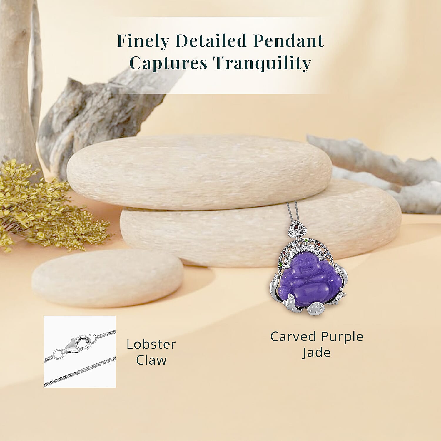 Purple Jade Carved (D) and Multi Gemstone 47.65 ctw Buddha Pendant Necklace in Rhodium Over Sterling Silver 18 Inches