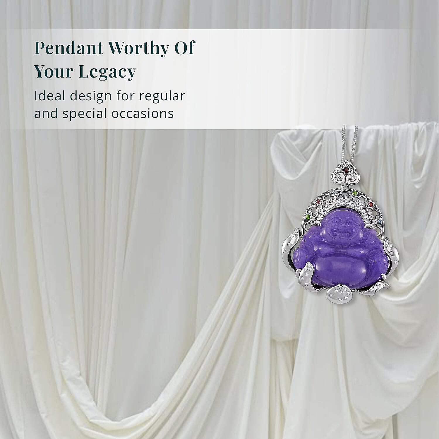 Purple Jade Carved (D) and Multi Gemstone 47.65 ctw Buddha Pendant Necklace in Rhodium Over Sterling Silver 18 Inches
