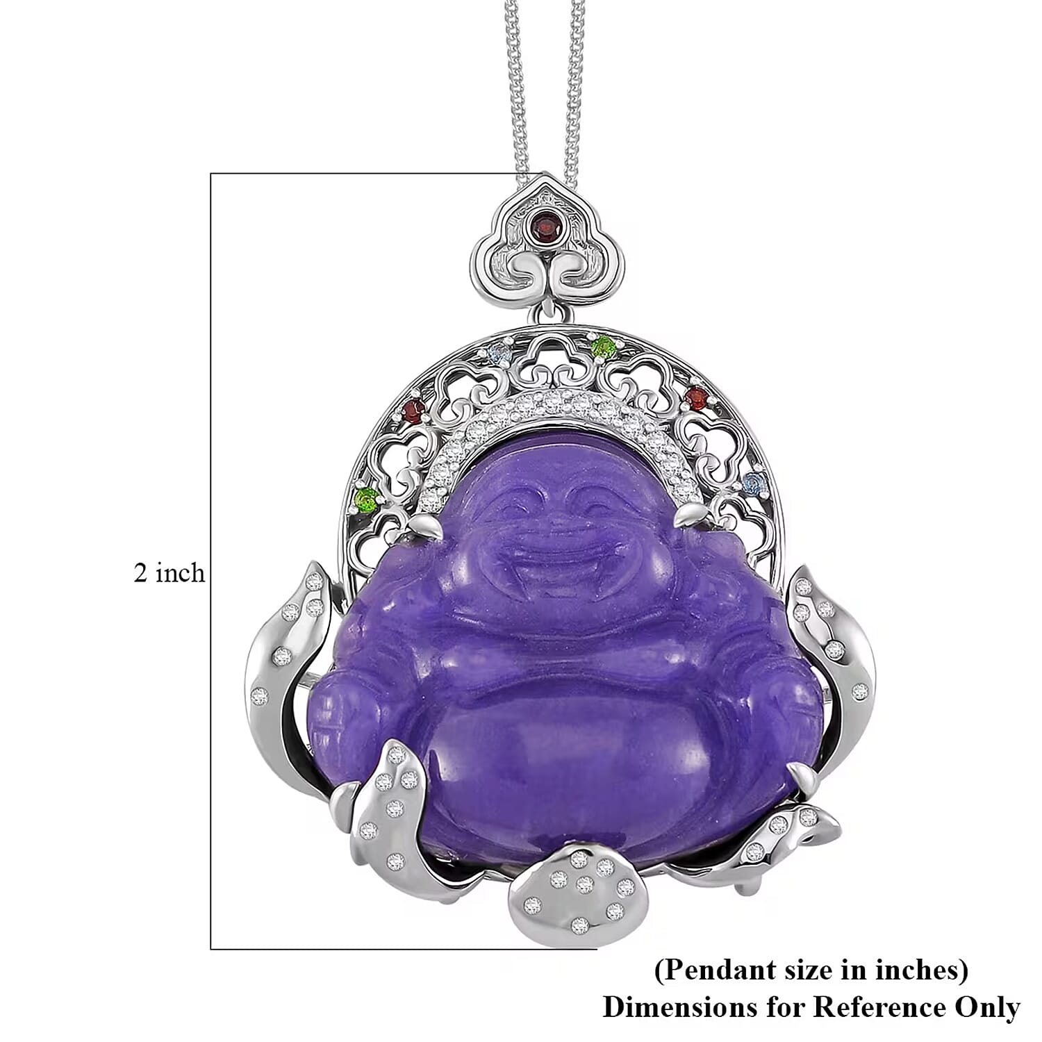 Purple Jade Carved (D) and Multi Gemstone 47.65 ctw Buddha Pendant Necklace in Rhodium Over Sterling Silver 18 Inches
