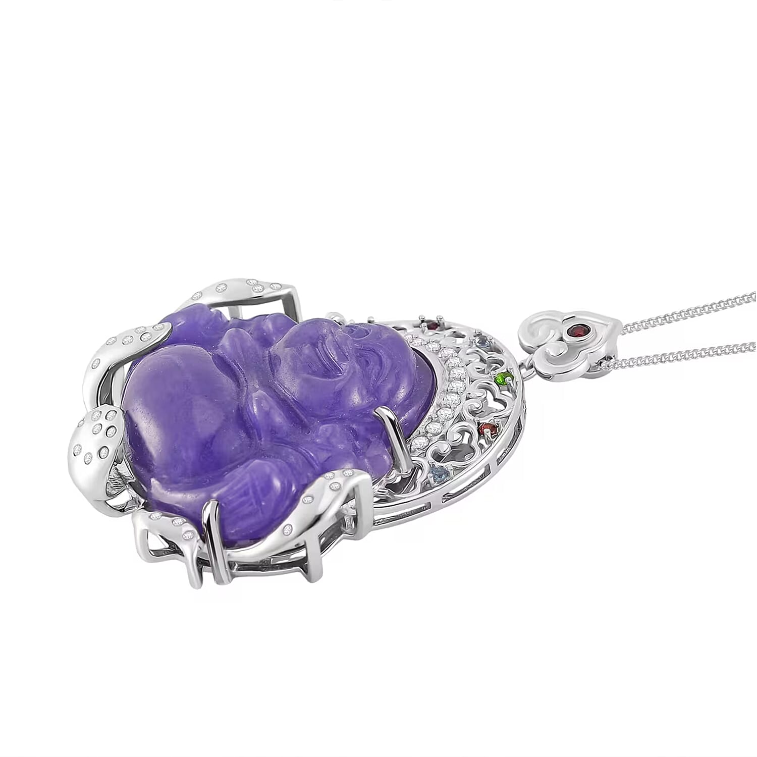 Purple Jade Carved (D) and Multi Gemstone 47.65 ctw Buddha Pendant Necklace in Rhodium Over Sterling Silver 18 Inches