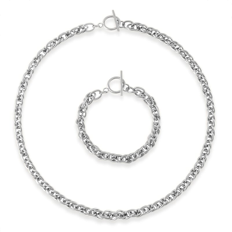 Set of Twisted Link Chain Necklace 20 Inches and Bracelet (8In) in Stainless Steel