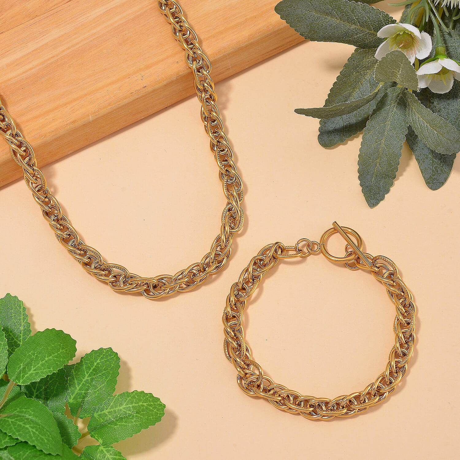 Set of Twisted Link Chain Necklace 20 Inches and Bracelet (8In) in ION Plated YG Stainless Steel 