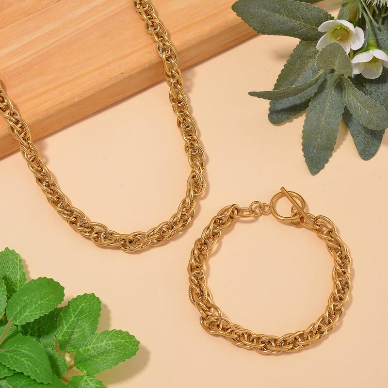 Set of Twisted Link Chain Necklace 20 Inches and Bracelet (8In) in ION Plated YG Stainless Steel 
