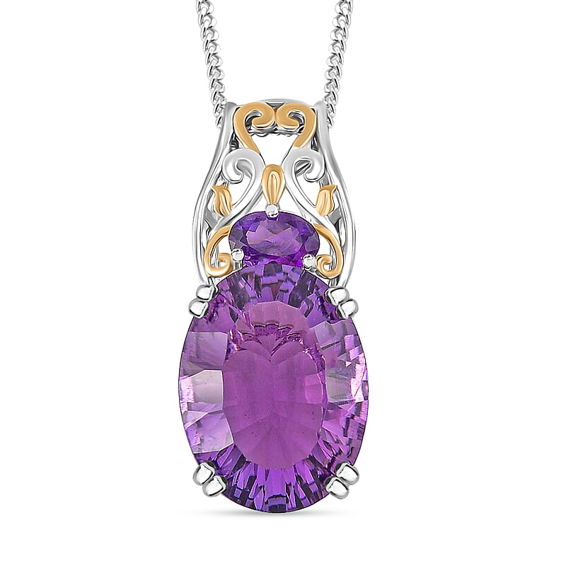 D'Joy Concave Cut African Amethyst 9.65 ctw Victorian Era Pendant Necklace in 18K Vermeil YG and Rhodium Over Sterling Silver 20 Inches