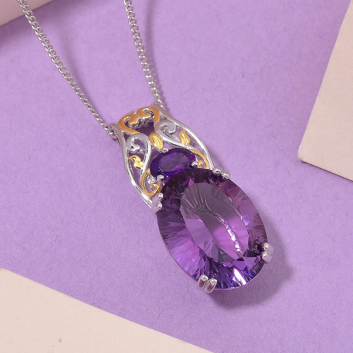 D'Joy Concave Cut African Amethyst 9.65 ctw Victorian Era Pendant Necklace in 18K Vermeil YG and Rhodium Over Sterling Silver 20 Inches image number 1