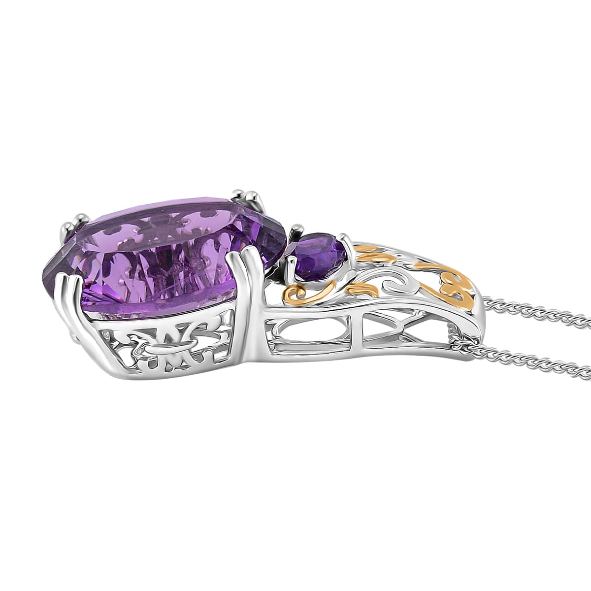 D'Joy Concave Cut African Amethyst 9.65 ctw Victorian Era Pendant Necklace in 18K Vermeil YG and Rhodium Over Sterling Silver 20 Inches image number 3