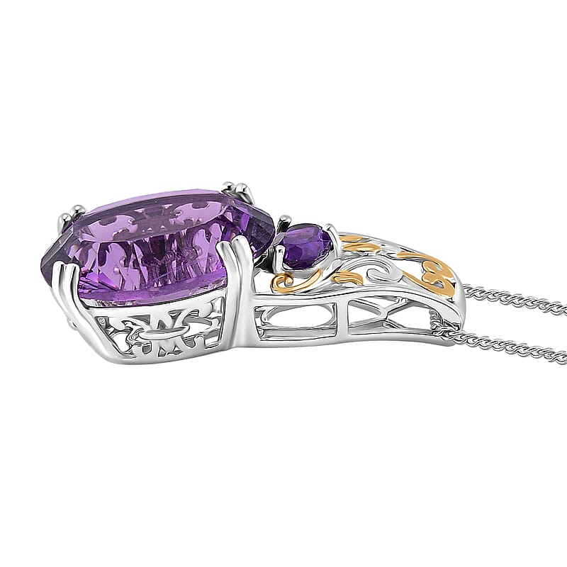 D'Joy Concave Cut African Amethyst 9.65 ctw Victorian Era Pendant Necklace in 18K Vermeil YG and Rhodium Over Sterling Silver 20 Inches