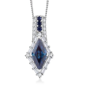 Blue Moissanite and Multi Gemstone 1.75 ctw Pendant Necklace 20 Inches in Platinum Over and Rhodium Over Sterling Silver