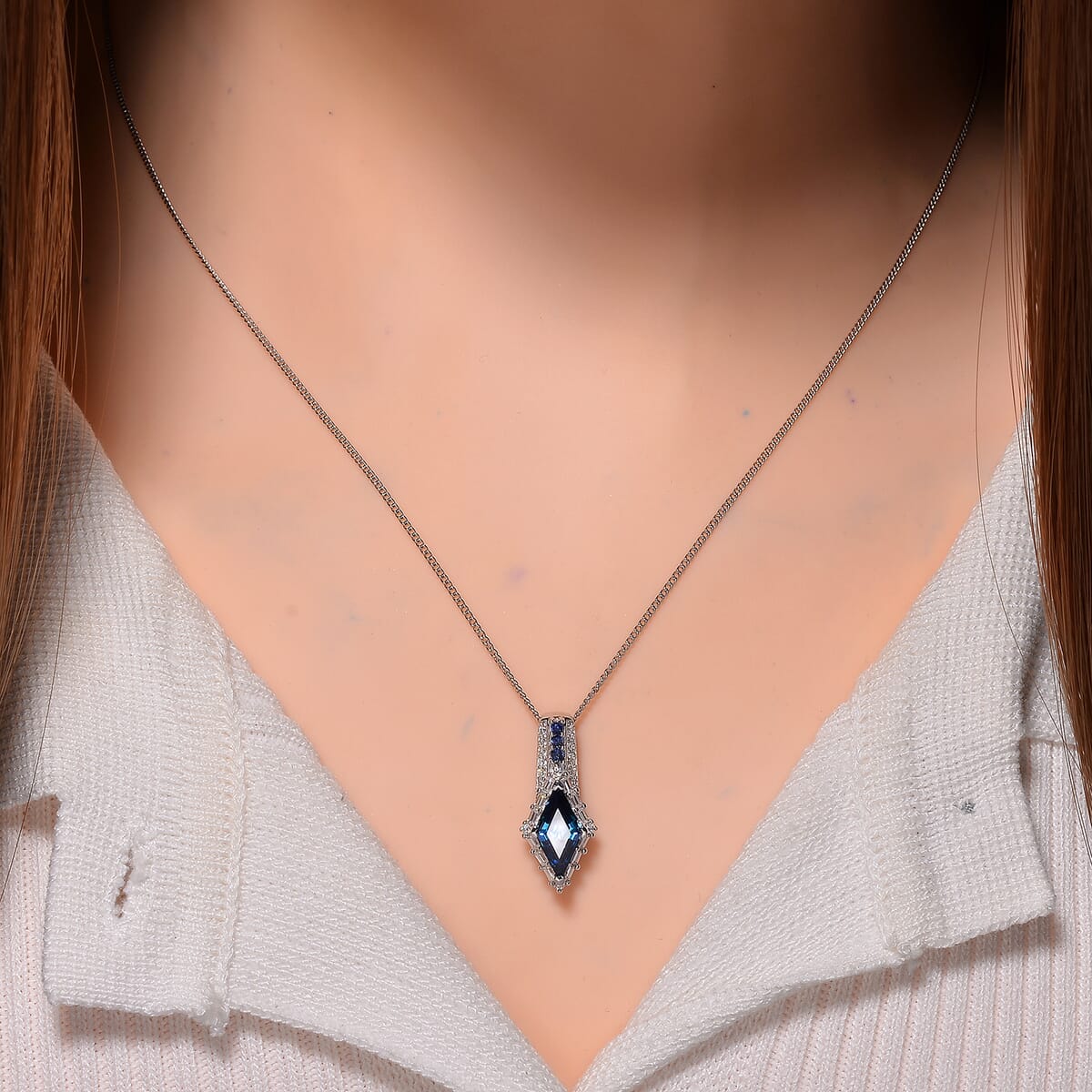 Blue Moissanite and Multi Gemstone 1.75 ctw Pendant Necklace 20 Inches in Platinum Over and Rhodium Over Sterling Silver image number 1