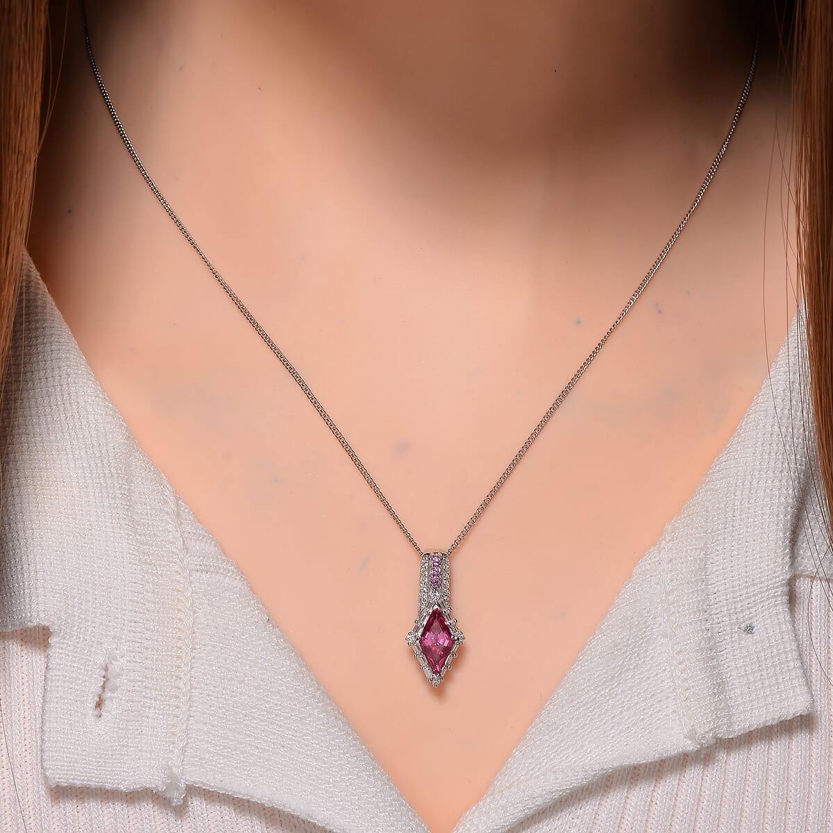 Pink Moissanite and Multi Gemstone 1.75 ctw Pendant Necklace 20 Inches in Platinum Over and Rhodium Over Sterling Silver image number 1
