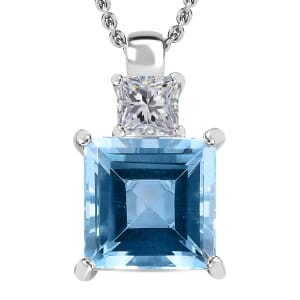 Sky Blue Topaz and White Topaz 5.15 ctw Pendant in Platinum Over Sterling Silver with Stainless Steel Necklace 20 Inches