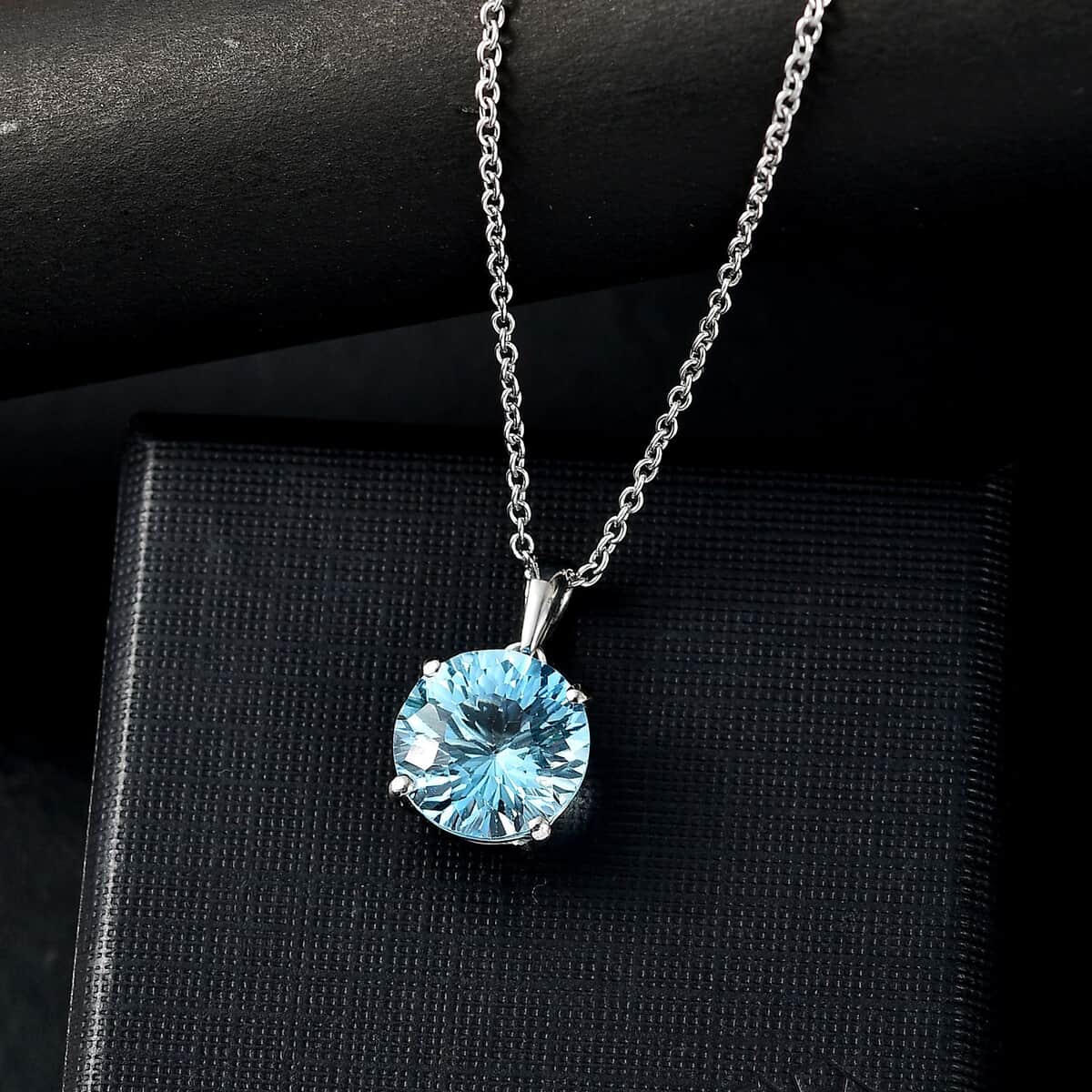 Concave Cut Sky Blue Topaz 8.35 ctw Solitaire Pendant in Platinum Over Sterling Silver with Stainless Steel Necklace 20 Inches image number 1