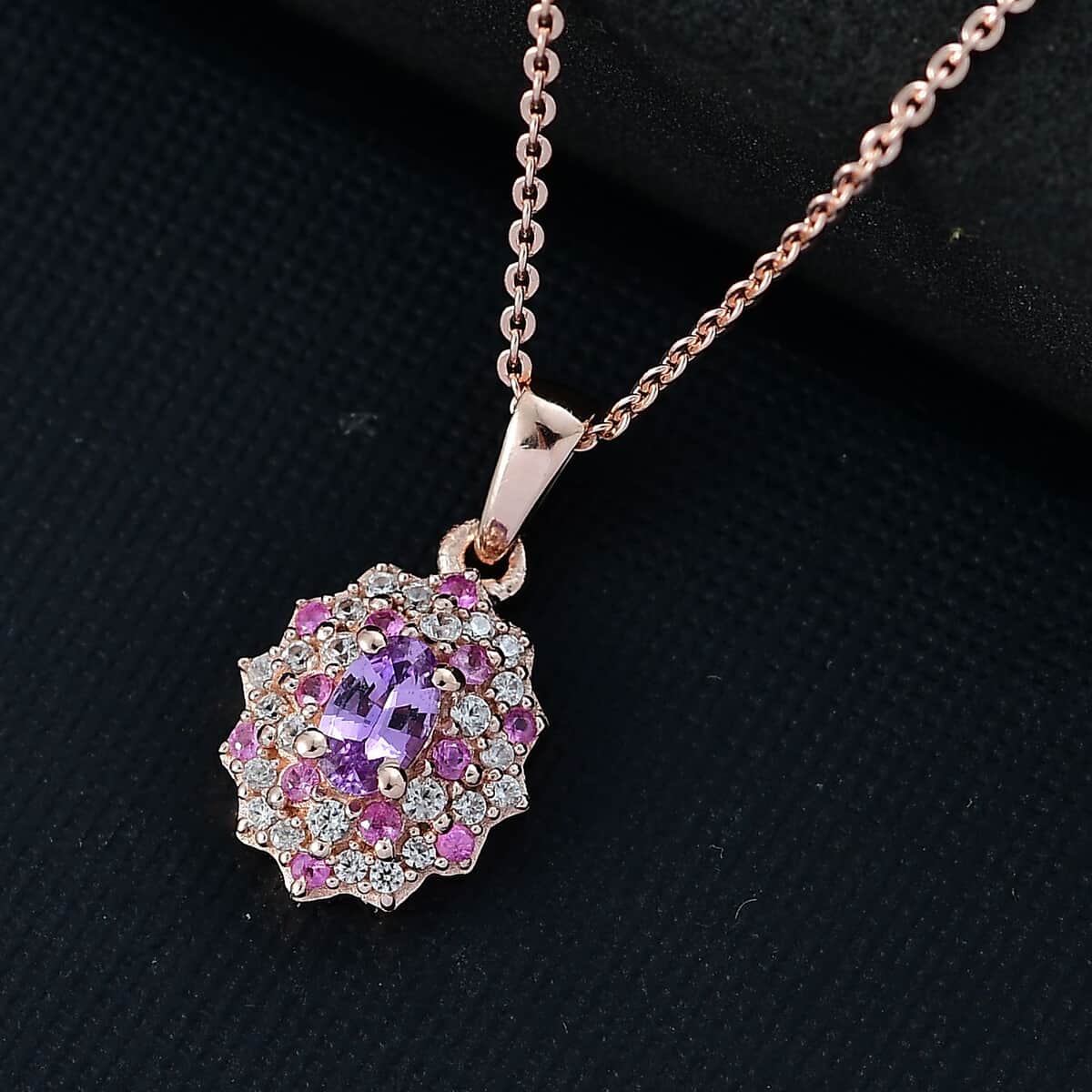 Madagascar Purple Sapphire and White Zircon 0.75 ctw Celestial Blossom Pendant Necklace in 18K Vermeil Rose Gold Over Sterling Silver 20 Inches image number 1