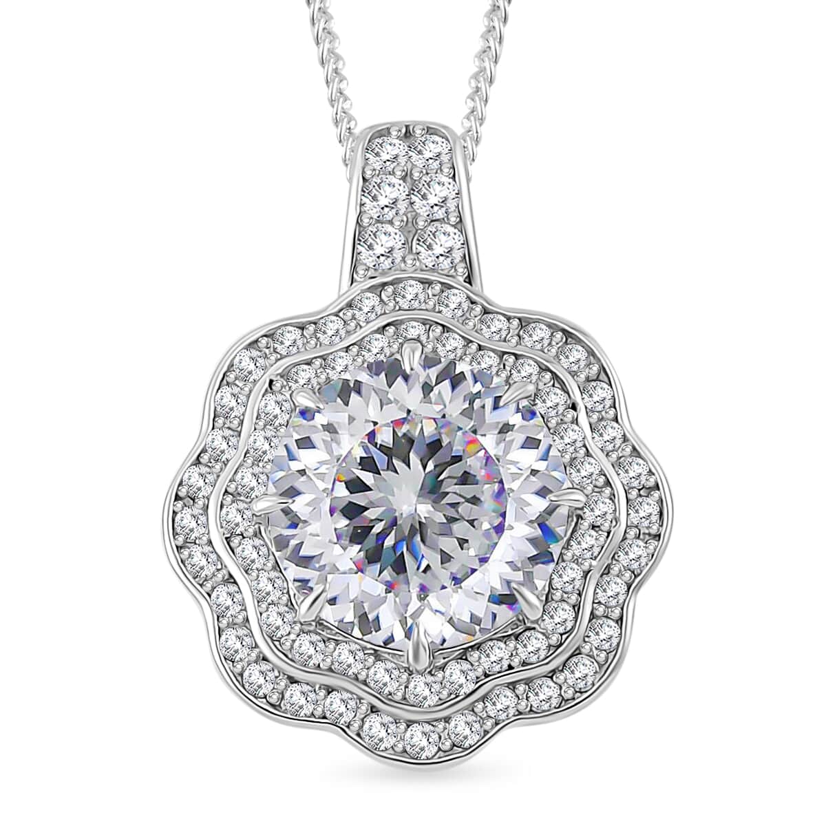 120 Faceted Moissanite 3.90 ctw Vintage Halo Pendant Necklace in Platinum Over and Rhodium Over Sterling Silver 20 Inches image number 0