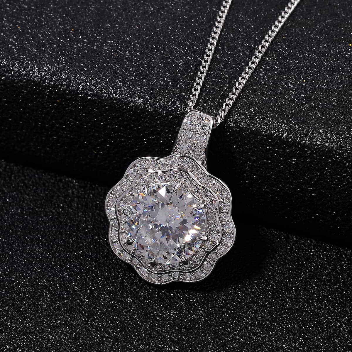 120 Faceted Moissanite 3.90 ctw Vintage Halo Pendant Necklace in Platinum Over and Rhodium Over Sterling Silver 20 Inches image number 1