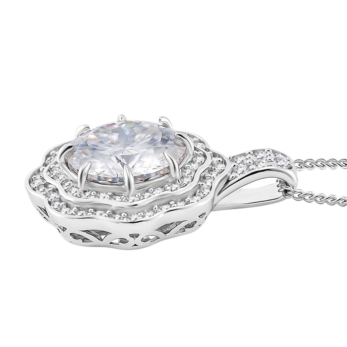 120 Faceted Moissanite 3.90 ctw Vintage Halo Pendant Necklace in Platinum Over and Rhodium Over Sterling Silver 20 Inches image number 3